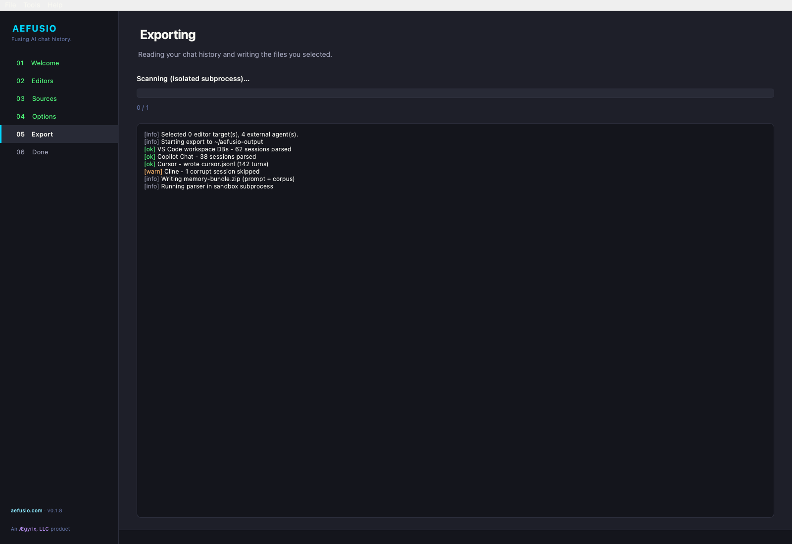 Exporting progress screen showing a 57% progress bar and a live log with info, ok, and warn lines