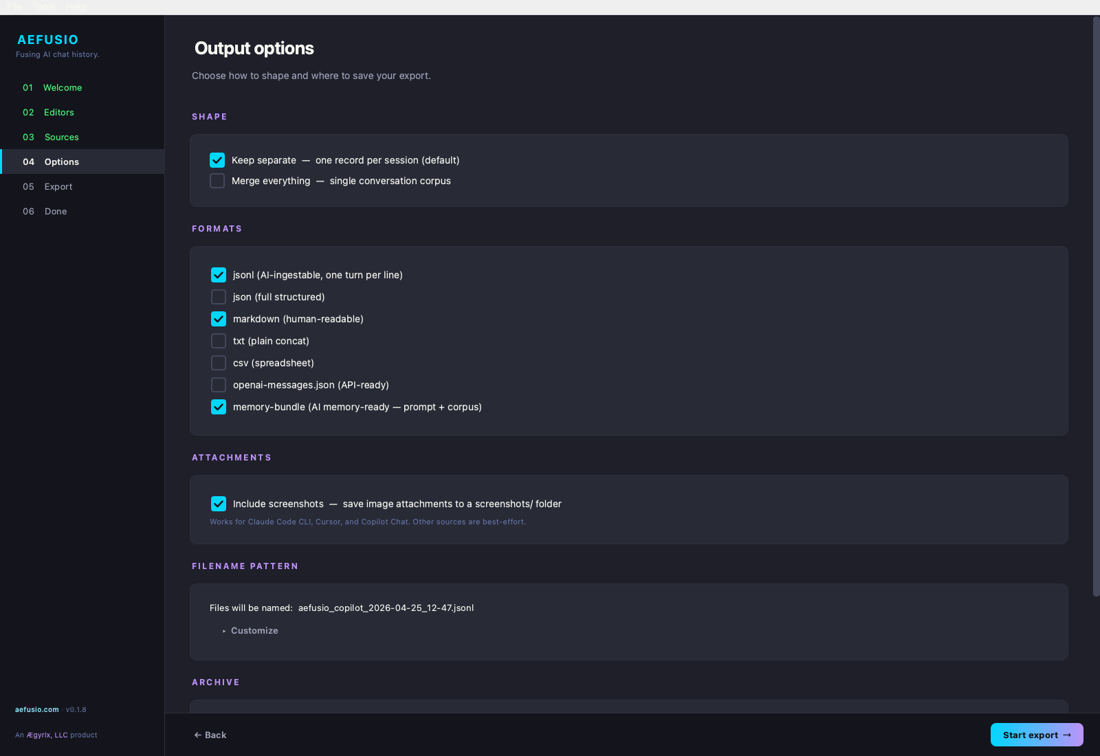 Output options screen with shape radios, seven output-format checkboxes including jsonl, markdown, memory-bundle, and an attachments toggle
