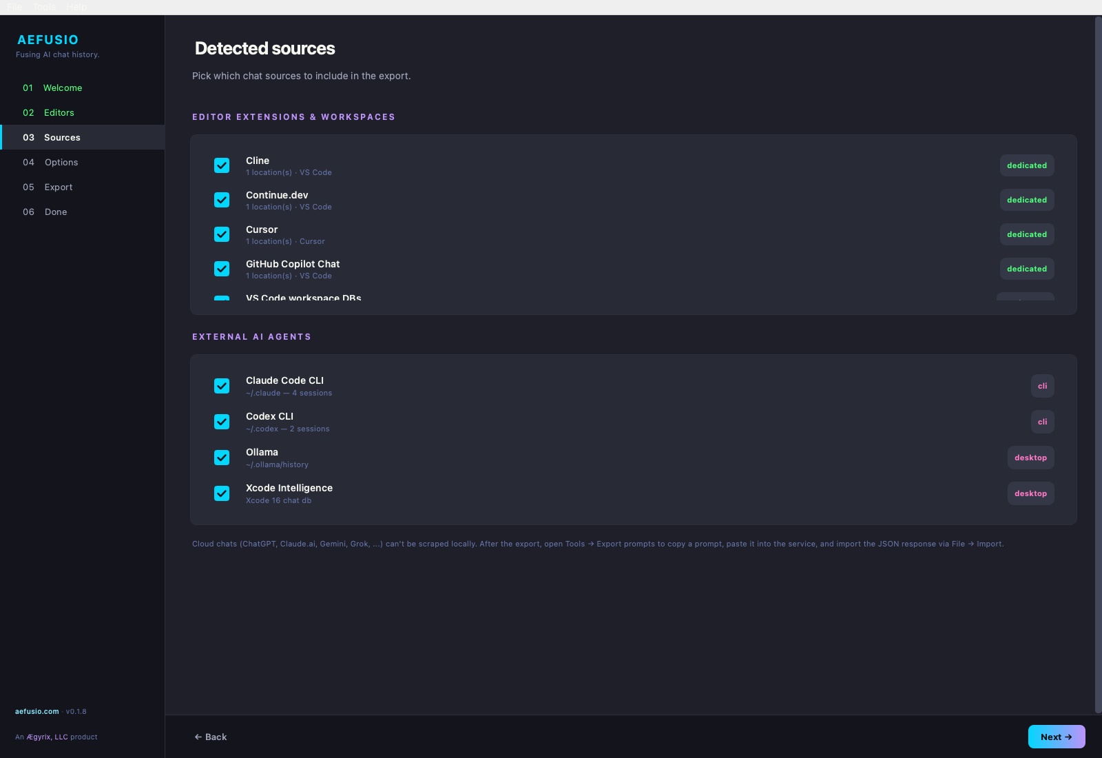Detected sources list showing Copilot Chat, Cursor, Cline, Continue.dev, Codex CLI, Ollama, and Xcode Intelligence with dedicated and generic parser badges
