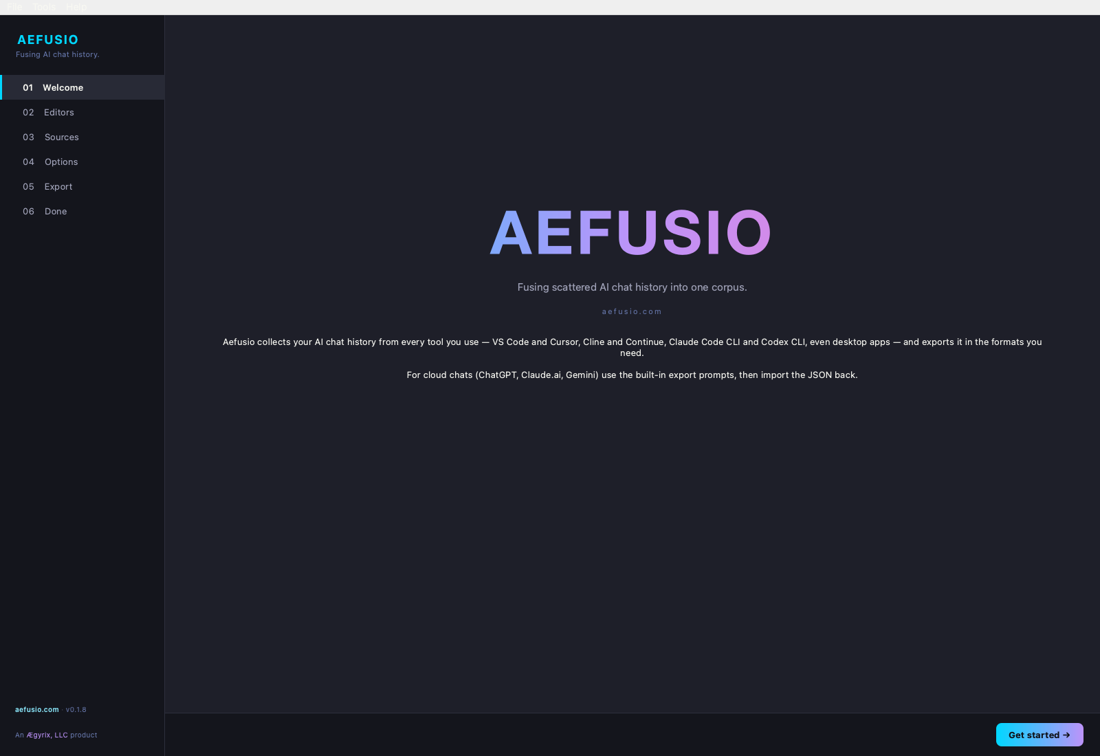 Welcome screen — gradient AEFUSIO wordmark with a one-line explainer and a Get started button